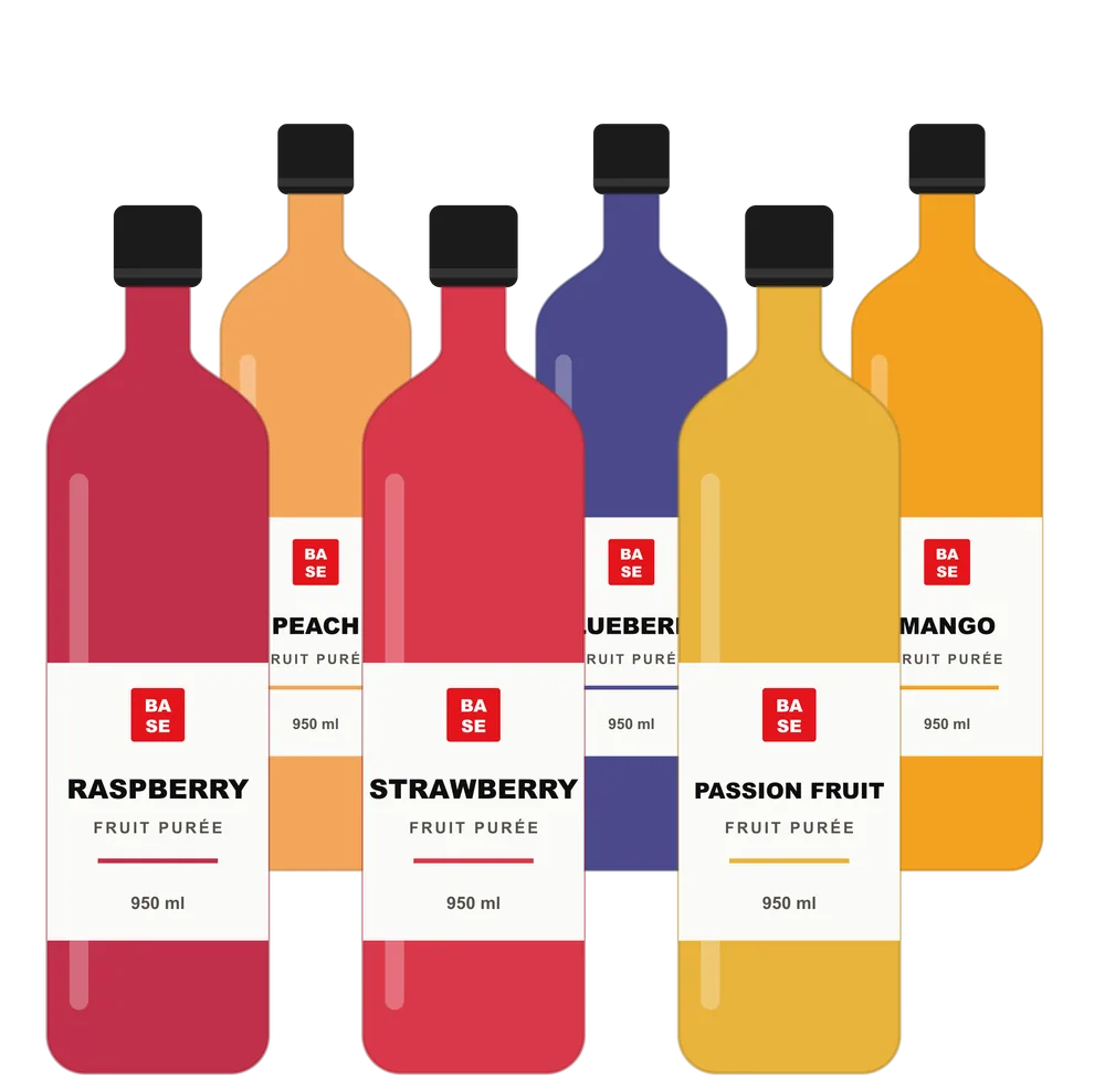 Six fruit purée bottles