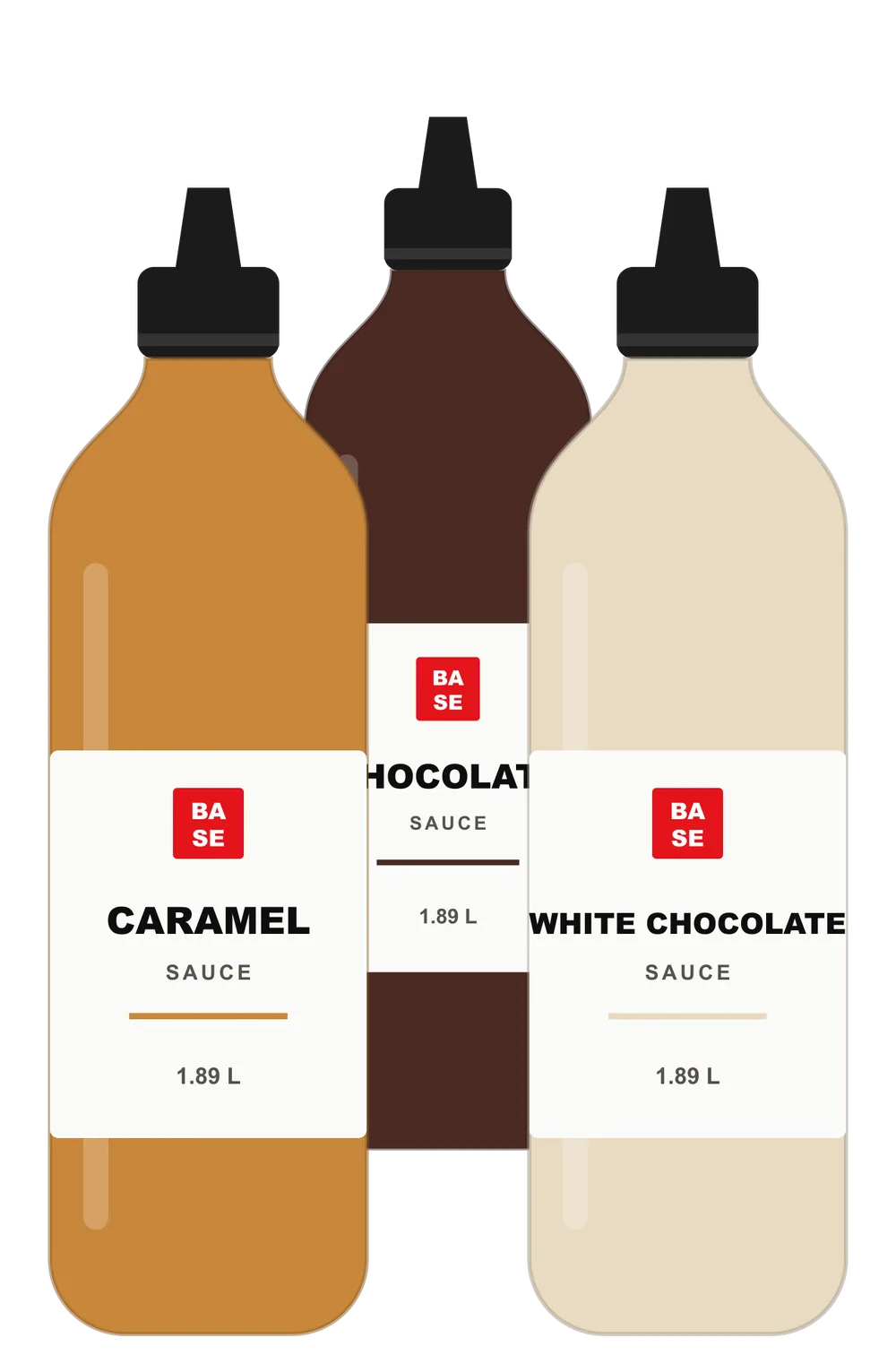 Caramel, chocolate and white chocolate sauce bottles