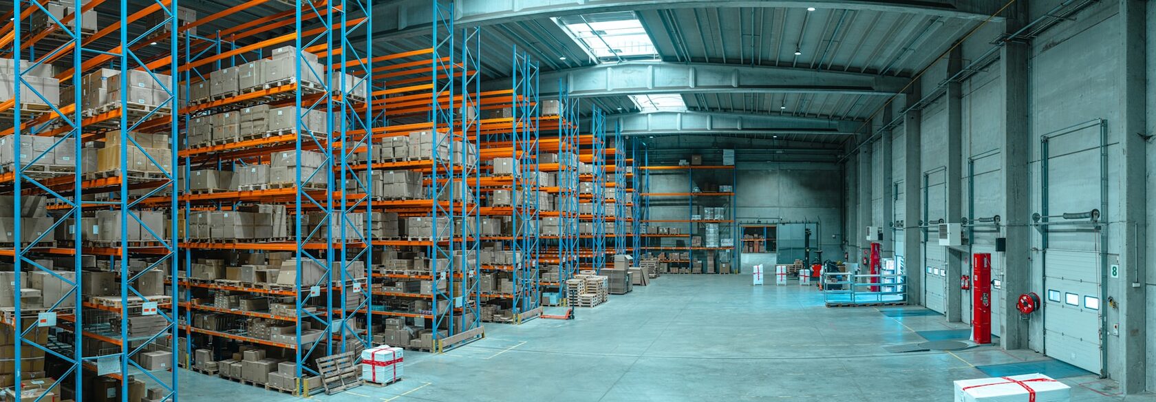 Warehouse racking stocked with product ready for dispatch